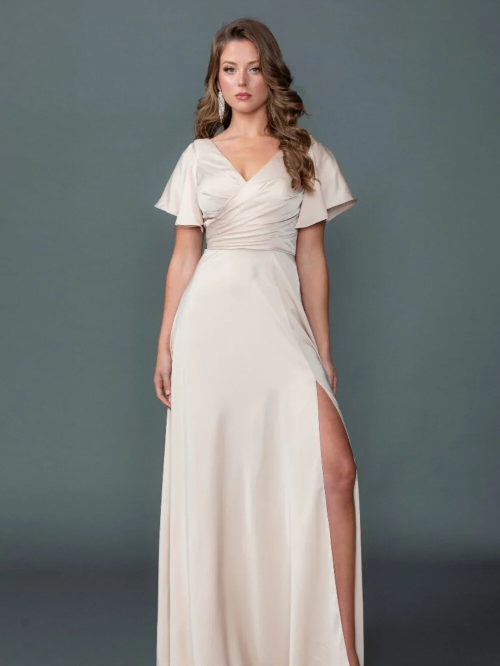 New Champagne Elegant A-Line Long Formal Solid Gown w/ Short Sleeves DQ 4602